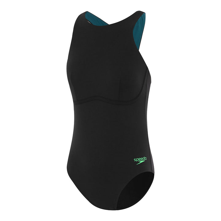 Speedo Womens Support Racer Strap 1 Piece - Black/Harlequin Green