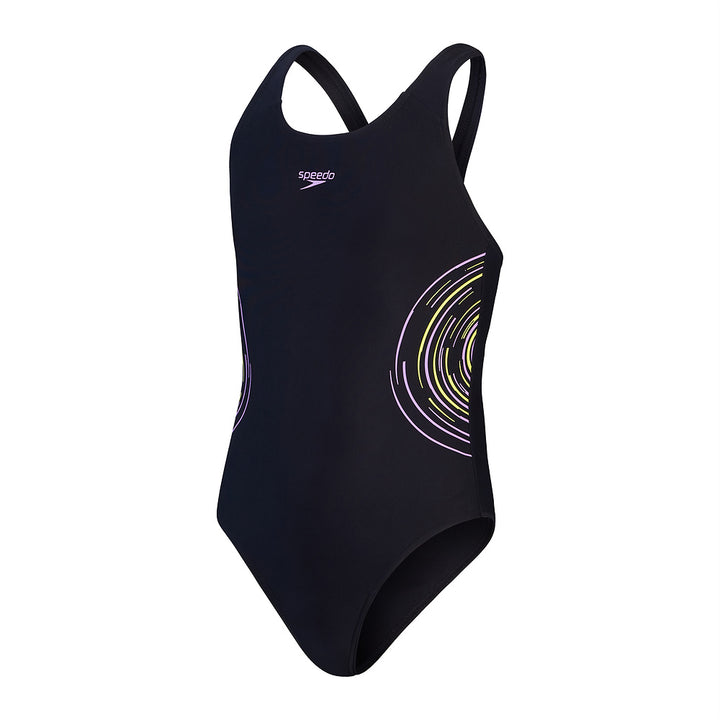 Speedo Girls Placement Muscleback - Black/Sweet Purple/Lemon Drizzle